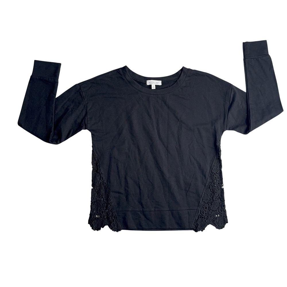 Active USA Black Lace Trim Sweatshirt Pullover Casual Comfy Menswear‎